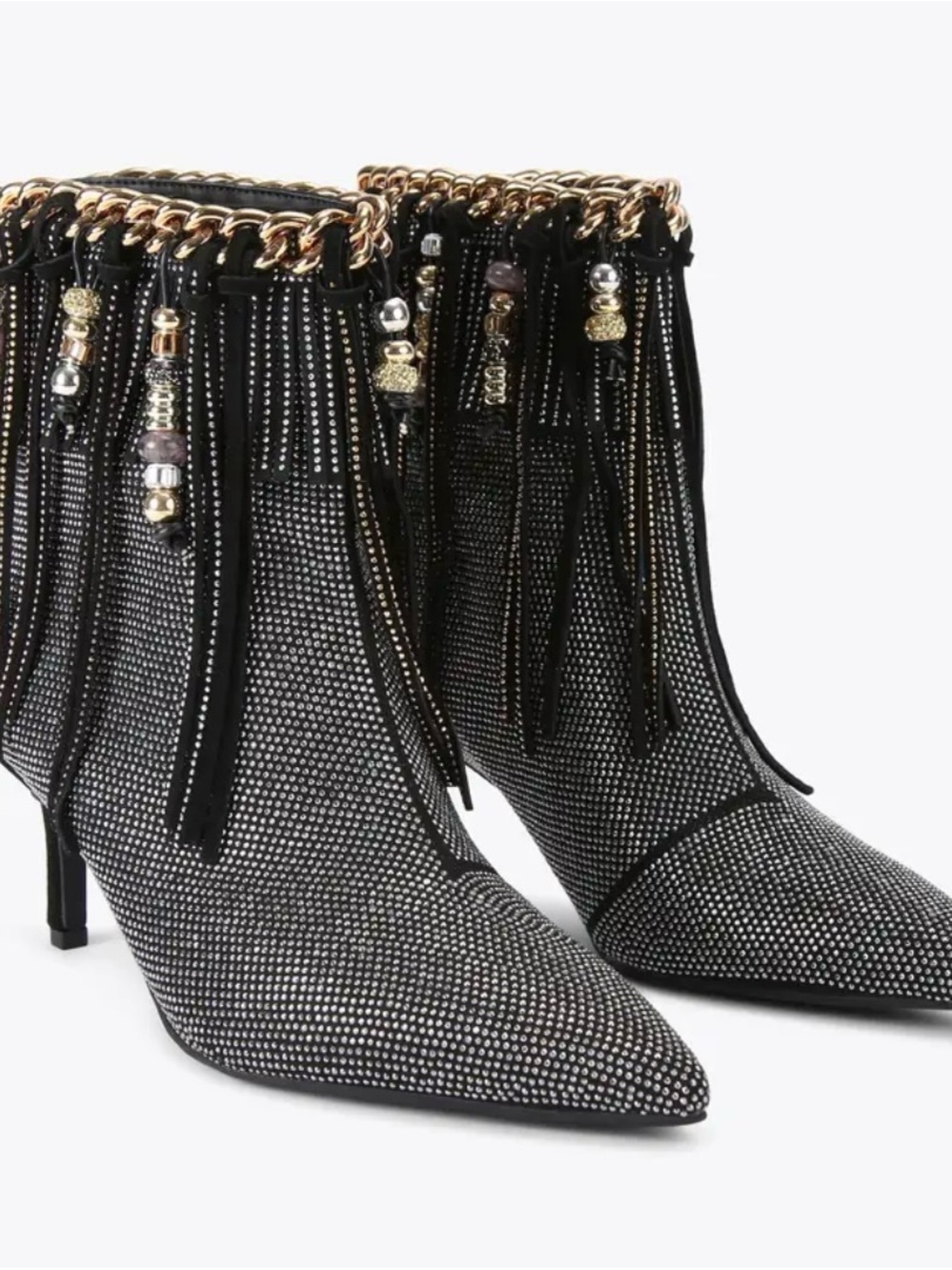 Kurt Geiger Black Rhinestone Fringe Ankle Boots with Gold Chain Trim